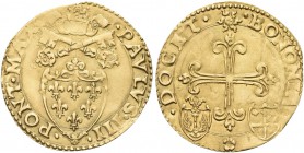 BOLOGNA. Paolo III (Alessandro Farnese), 1534-1549. Scudo d’oro. Au gr. 3,29 Dr. PAVLVS III - PONT MAX. Stemma semiovale gigliato. Rv. (sole raggiante...