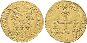 BOLOGNA. Paolo III (Alessandro Farnese), 1534-1549. Scudo d’oro. Au gr. 3,32 Dr. PAVLVS III - PONT MAX. Stemma semiovale gigliato sormontato tra trire...