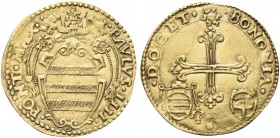 BOLOGNA. Paolo IV (Giampietro Carafa), 1555-1559. Scudo d’oro. Au gr. 3,29 Dr. PAVLVS IIII - PONT MAX. Stemma sormontato da triregno e chiavi decussat...