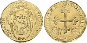 BOLOGNA. Gregorio XIII (Ugo Boncompagni), 1572-1585. Scudo d’oro. Au gr. 3,30 Dr. GREGORIVS - XIII PONT MAX. Stemma ovale in cornice ad intagli. Rv. (...