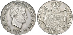 BOLOGNA. Napoleone I Re d’Italia, 1805-1814. 5 Lire 1810, I° Tipo. Ag Simile al precedente. Pag. 50; Gig. 101.
Rara. q. SPL/SPL