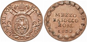 BOLOGNA. Leone XII (Annibale Sermattei della Genga), 1823-1829. Mezzo Baiocco 1824 a. I. Æ Dr. Stemma papale sormontato da triregno e chiavi decussate...