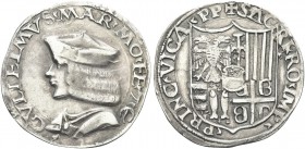 CASALE. Guglielmo II Paleologo, 1494-1518. Testone. Ag gr. 9,10 Dr. GVILIELMVS MAR MON FER Z C. Busto a s., con berretto. Rv. SA CRI RO IMP - PRI VICA...