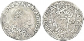 FANO. Clemente VIII (Ippolito Aldobrandini), 1592-1605. Testone a. II. Ag gr. 9,09 Dr. CLEMENS VIII P M ANNO II. Busto a s., con piviale decorato; sot...