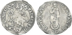 FANO. Clemente VIII (Ippolito Aldobrandini), 1592-1605. Testone a. II. Ag gr. 8,66 Dr. CLEMENS VIII - P M ANNO II. Stemma sormontato da triregno e chi...