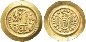 LOMBARDIA. Monetazione Pseudoimperiale longobarda. Tremisse a nome di Maurizo Tiberio (580-582). Au gr. 1,40 Dr. D N MAV[...] TIb P P. Busto diademato...