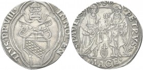 MACERATA. Innocenzo VIII (Giovanni Battista Cybo), 1484-1492. Grosso. Ag gr. 3,02 Dr. INNOCEN - TIVS P P VIII. Stemma Cybo ottagonale sormontato da tr...