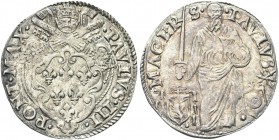 MACERATA. Paolo III (Alessandro Farnese), 1534-1549. Giulio. Ag gr. 3,30 Dr. PAVLVS III - PONT MAX. Stemma sagomato sormontato da triregno e chiavi de...