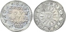MANTOVA. Ferdinando Gonzaga, 1612-1626. Da 8 Soldi. Ag gr. 1,81 Dr. 8 / FERDIN / D G DVX / MANT VI / ET MONT / F IIII. Iscrizione disposta su 5 righe....