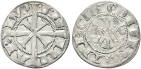 MERANO. Monete dei Conti di Tirolo-Gorizia. Mainardo II, 1271-1285. Grosso Tirolino. Ag gr. 1,51 Dr. ME - IN - AR - DVS. Croce. Rv. COMES - TIROL. Aqu...