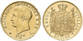 MILANO. Napoleone I Re d’Italia, 1805-1814. 20 Lire 1808, II Tipo (1 della data ribattuto). Au Simile al precedente. Tipo Pag. 18; Gig. 84.
Raro. Più...
