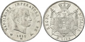 MILANO. Napoleone I Re d’Italia, 1805-1814. 5 Lire 1811 II Tipo puntali aguzzi. Ag Dr. Testa nuda a d. Rv. Stemma coronato su padiglione sorretto da a...