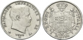 MILANO. Napoleone I Re d’Italia, 1805-1814. 2 Lire 1808 puntali aguzzi. Ag Dr. Testa nuda a d. Rv. Stemma coronato su padiglione sorretto da alabarde ...