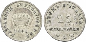 MILANO. Napoleone I Re d’Italia, 1805-1814. 25 centesimi 1808 (Prova). Ag mm 20 gr. 2,49 Dr. Corona ferrea radiata; sotto, 1808. Rv. Indicazione di va...