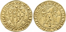 NAPOLI. Carlo I d’Angiò, Re di Napoli 1266-1285. Saluto d'oro. Au gr. 4,39 Dr. KAROL' DEI GRA IERL M SICILIE REX. Stemma a cuore, bipartito di Gerusal...