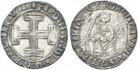 NAPOLI. Ferdinando I d’Aragona (Ferrante), 1458-1494. Coronato, sigla M gotica. Ag gr. 3,97 Dr. FERDINANDVS D G R SIC IER VN. Croce potenziata e rigat...