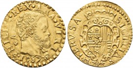 NAPOLI. Filippo II di Spagna, Re di Napoli e di Sicilia 1554-1598. Scudo d’oro 1587. Au gr. 3,33 Dr. PHILIPP REX ARA VTRIV. Testa radiata a d.; dietro...