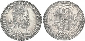 NAPOLI. Filippo II di Spagna, Re di Napoli e di Sicilia 1554-1598. Mezzo Ducato. Ag gr. 14,87 Dr. PHILIP R ANG FR NEAP PR HISP. Busto coronato e coraz...