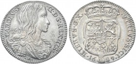 NAPOLI. Carlo II di Spagna, Re di Napoli e Sicilia, 1665-1700. Carlino 1689. Ag gr. 2,56 Dr. CAROLVS - II D G REX HISP. Busto drappeggiato e corazzato...