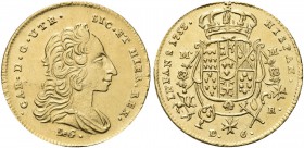 NAPOLI. Carlo di Borbone, 1734-1759. 6 Ducati 1753. Au gr. 8,76 Dr. CAR D G UTR - SIC ET HIER REX. Busto drappeggiato a d.; sotto, DeG (Giovanni Casim...
