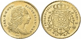 NAPOLI. Carlo di Borbone, 1734-1759. 4 Ducati 1749. Au gr. 5,89 Dr. CAR D G UTR - SIC ET HIER REX. Busto drappeggiato a d.; sotto, DeG (Giovanni Casim...