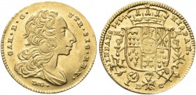 NAPOLI. Carlo di Borbone, 1734-1759. 2 Ducati 1754. Au gr. 2,95 Dr. CAR D G UTR - SIC ET HIER REX. Busto drappeggiato a d.; sotto, DeG (Giovanni Casim...
