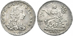 NAPOLI. Carlo di Borbone, 1734-1759. Mezzo Carlino da 5 Grana 1755. Ag gr. 1,00 Dr. CAR D G UTR SIC REX. Busto corazzato a d.; sotto, IA. Rv. Figura d...