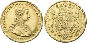 NAPOLI. Ferdinando IV (I) di Borbone, 1759-1816. 6 Ducati 1760, sigle I A. Au gr. 8,79 Dr. FERDINAND IV D G SICILIAR ET HIER REX. Busto infantile a d....