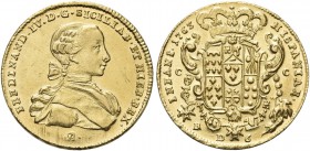 NAPOLI. Ferdinando IV (I) di Borbone, 1759-1816. 6 Ducati 1763, sigle I A. Au gr. 8,79 Simile al precedente. Pannuti Riccio 6a; MIR 352/5; Gig. 3a; Fr...