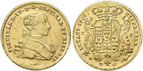 NAPOLI. Ferdinando IV (I) di Borbone, 1759-1816. 6 Ducati 1766, sigle DeG. Au gr. 8,79 Simile al precedente. Pannuti Riccio 9a; MIR 352/13; Gig. 9a; F...