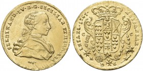 NAPOLI. Ferdinando IV (I) di Borbone, 1759-1816. 6 Ducati 1767, sigle DeG. Au gr. 8,78 Simile al precedente. Pannuti Riccio 34a; MIR 360/; Gig. 3a; Fr...