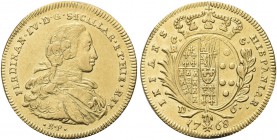 NAPOLI. Ferdinando IV (I) di Borbone, 1759-1816. 6 Ducati 1768, sigle BP. Au gr. 8,73 Dr. FERDINAN IV D G SICILIAR ET HIER REX. Busto infantile a d.; ...