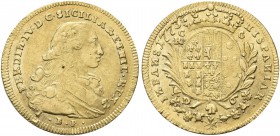 NAPOLI. Ferdinando IV (I) di Borbone, 1759-1816. 6 Ducati 1773, sigle BP. Au gr. 8,75 Dr. FERDINAN IV D G SICILIAR ET HIER REX. Busto infantile a d.; ...