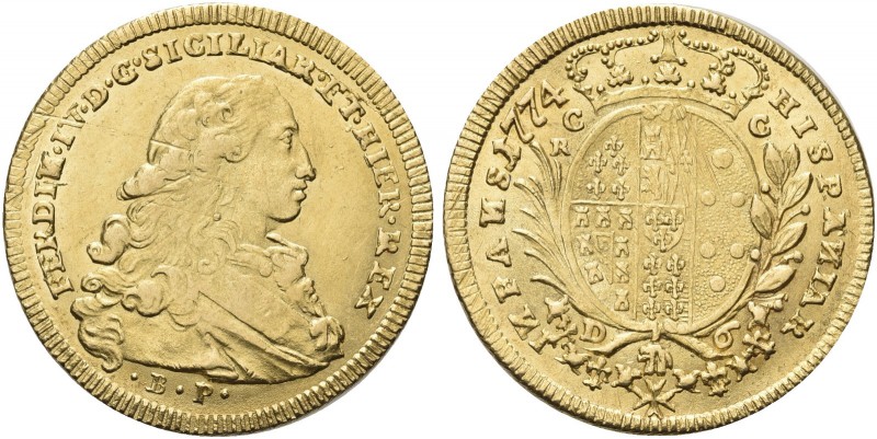 NAPOLI. Ferdinando IV (I) di Borbone, 1759-1816. 6 Ducati 1774, sigle BP. Au gr....