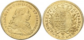 NAPOLI. Ferdinando IV (I) di Borbone, 1759-1816. 6 Ducati 1775, sigle BP. Au gr. 8,79 Simile al precedente. Pannuti Riccio 23; MIR 357/6 ;Gig. 23.
q....