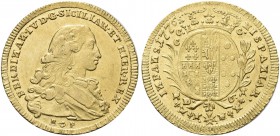 NAPOLI. Ferdinando IV (I) di Borbone, 1759-1816. 6 Ducati 1776, iniziali BP. Au gr. 8,75 Simile al precedente. Pannuti Riccio 24; MIR 357/7; Gig. 24....