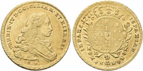 NAPOLI. Ferdinando IV (I) di Borbone, 1759-1816. 6 Ducati 1777, sigle BP. Au gr. 8,76 Simile al precedente. Pannuti Riccio 25; MIR 357/8; Gig. 25.
Be...