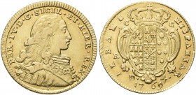 NAPOLI. Ferdinando IV (I) di Borbone, 1759-1816. 4 Ducati 1769, sigla P. Au gr. 5,84 Dr. FER IV D G SICILI ET HIER REX. Busto corazzato infantile a d....