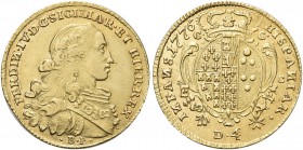 NAPOLI. Ferdinando IV (I) di Borbone, 1759-1816. 4 Ducati 1776, sigle BP. Au gr. 5,84 Dr. FERDIN IV D G SICILIAR ET HIER REX. Busto corazzato infantil...