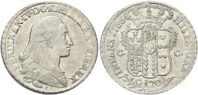 NAPOLI. Ferdinando IV (I) di Borbone, 1759-1816. Piastra da 120 Grana 1786, sigla P. Ag gr. 27,17 Simile al precedente. Pannuti Riccio 49; Gig. 49a.
...