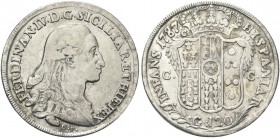 NAPOLI. Ferdinando IV (I) di Borbone, 1759-1816. Piastra da 120 Grana 1787, sigle D P. Ag gr. 26,36 Simile al precedente. Pannuti Riccio 51; Gig. 50a....