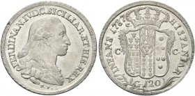 NAPOLI. Ferdinando IV (I) di Borbone, 1759-1816. Piastra da 120 Grana 1787, sigle D P. Ag gr. 27,15 Simile al precedente. Pannuti Riccio 51; Gig. 50a....