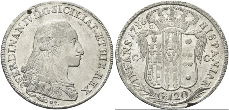 NAPOLI. Ferdinando IV (I) di Borbone, 1759-1816. Piastra da 120 Grana 1788, sigl...