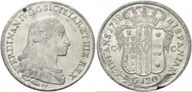 NAPOLI. Ferdinando IV (I) di Borbone, 1759-1816. Piastra da 120 Grana 1788, sigle D P. Ag gr. 27,16 Simile al precedente. Pannuti Riccio 52; Gig. 51....