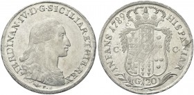NAPOLI. Ferdinando IV (I) di Borbone, 1759-1816. Piastra da 120 Grana 1789, sigla P. Ag gr. 27,12 Simile al precedente. Pannuti Riccio 53; Gig. 52.
R...