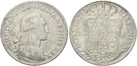 NAPOLI. Ferdinando IV (I) di Borbone, 1759-1816. Piastra da 120 Grana 1790, sigla P. Ag gr. 26,85 Simile al precedente. Pannuti Riccio 54b; Gig. 53b....