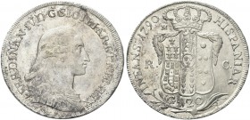 NAPOLI. Ferdinando IV (I) di Borbone, 1759-1816. Piastra da 120 Grana 1790, sigle m/R C. Ag gr. 27,17 Simile al precedente. Pannuti Riccio 54a; Gig. 5...