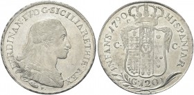 NAPOLI. Ferdinando IV (I) di Borbone, 1759-1816. Piastra da 120 Grana 1790 sigle c/C C. Ag gr. 27,15 Simile al precedente. Pannuti Riccio 54; Gig. 53....
