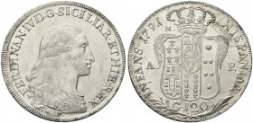 NAPOLI. Ferdinando IV (I) di Borbone, 1759-1816. Piastra da 120 Grana 1791 sigle m/AP. Ag gr. 27,18 Simile al precedente. Pannuti Riccio 55; Gig. 54....