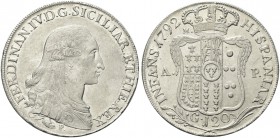 NAPOLI. Ferdinando IV (I) di Borbone, 1759-1816. Piastra da 120 Grana 1792 sigle m/AP. Ag gr. 27,21 Simile al precedente. Pannuti Riccio 56; Gig. 55....